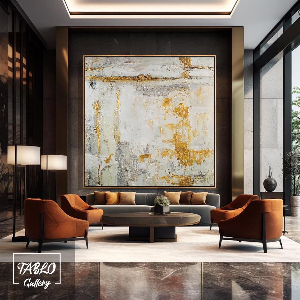 Bej Gold Geçişli Soyut Yağlı Boya Dokulu Tablo