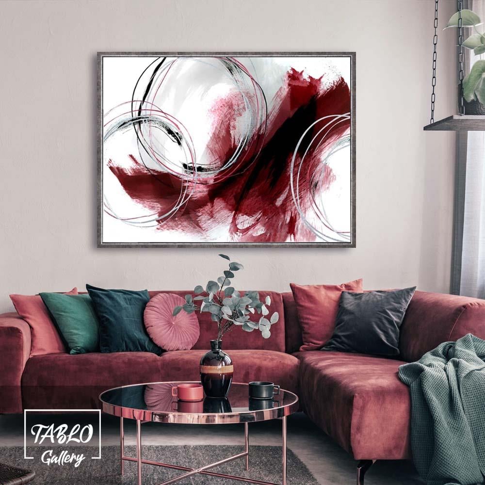 Beyaz Fon Üzerinde Bordo Silver Geometrik Şekiller Soyut Yağlı Boya Tablo
