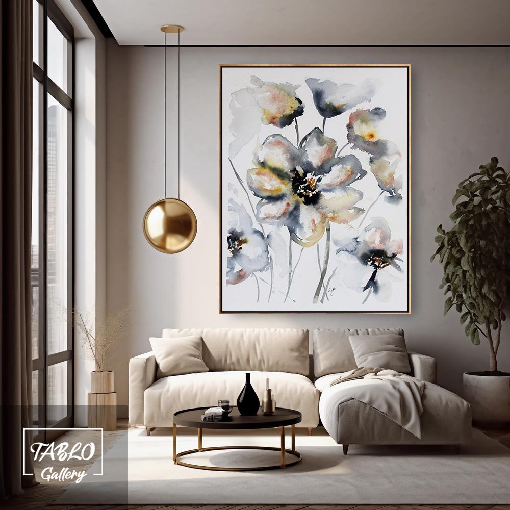 Beyaz Fon Üzerinde Turuncu Mavi Çiçekler Yağlı Boya Tablo