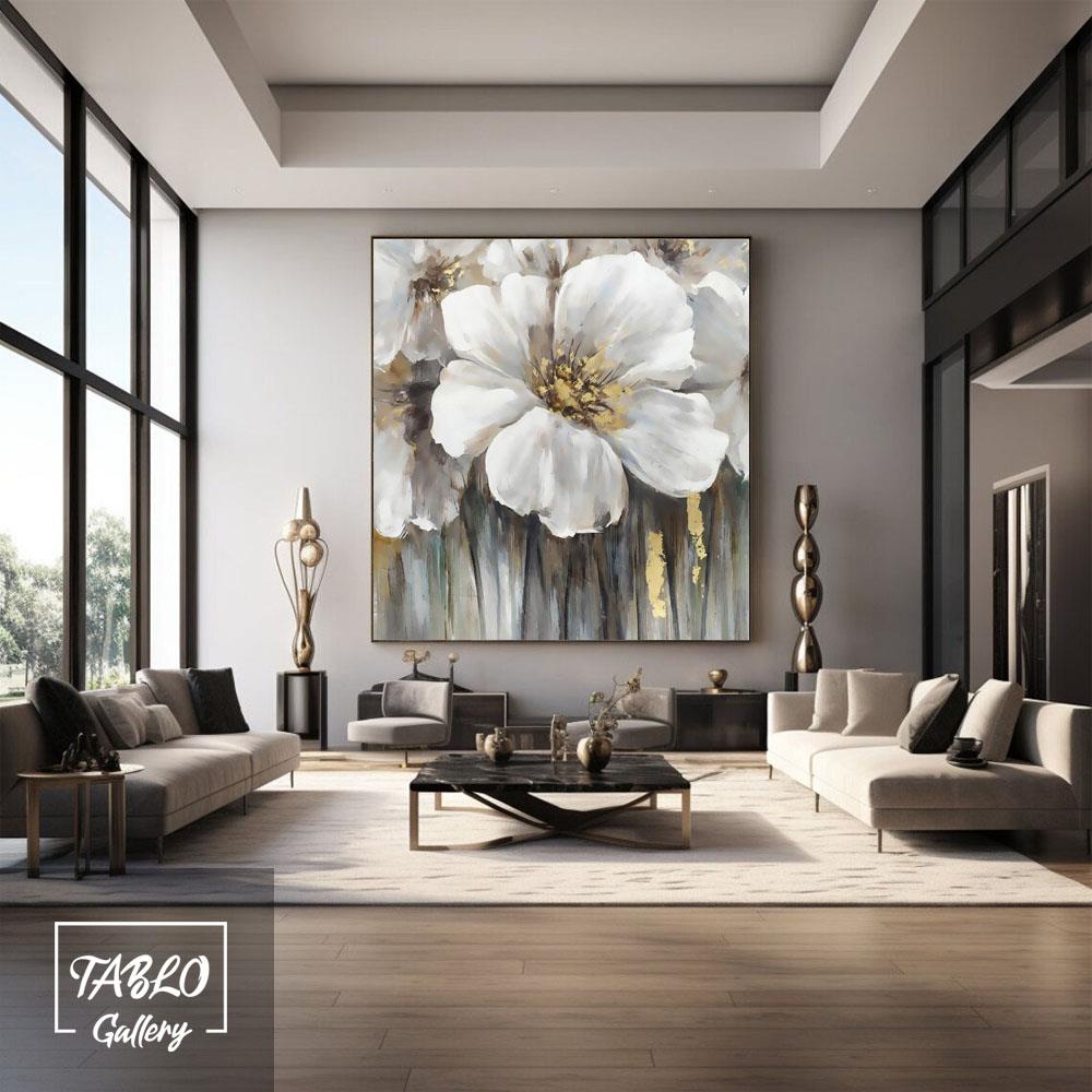 Beyaz Gold Çiçekler Yağlı Boya Tablo