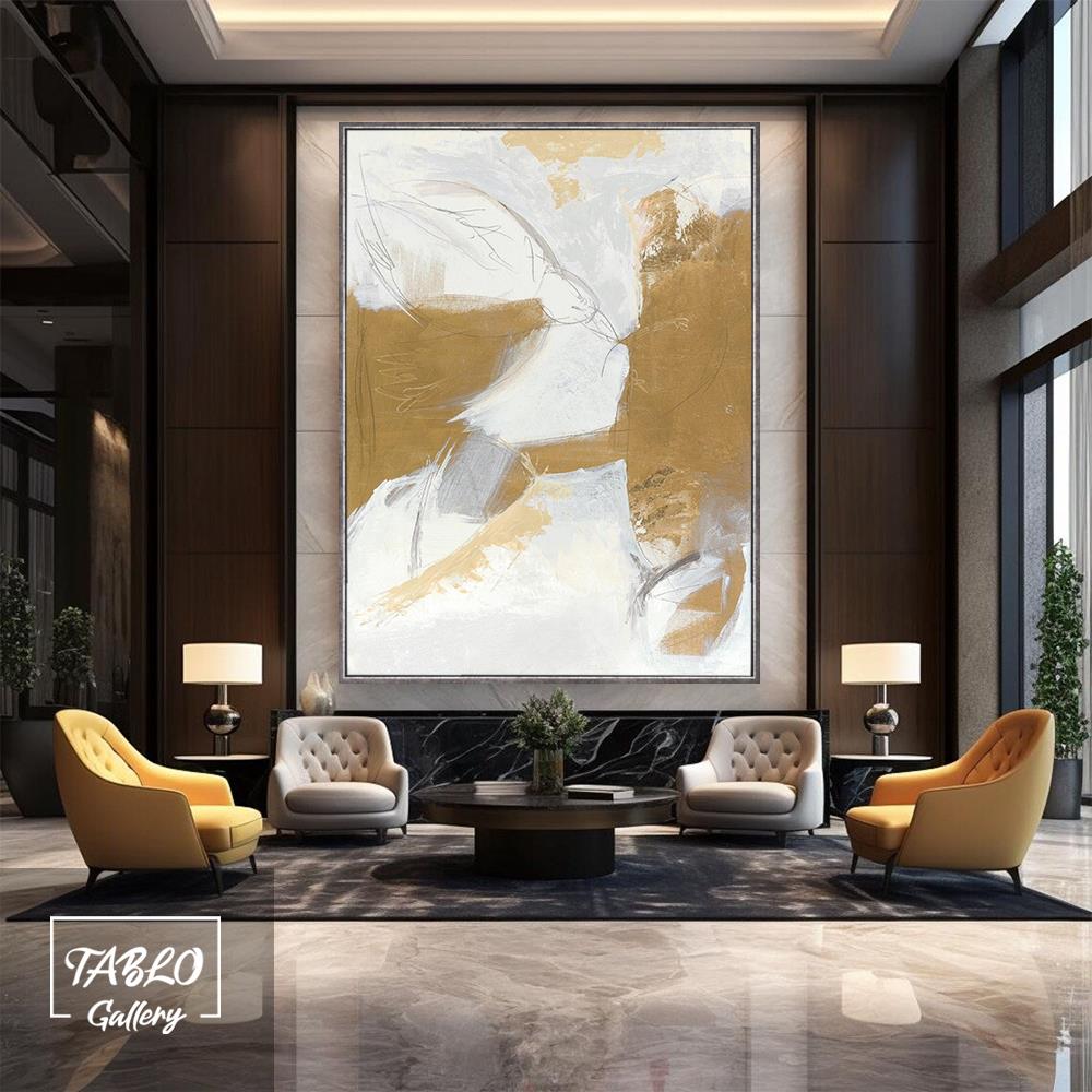Beyaz Gold Geçişli Soyut Yağlı Boya Dokulu Tablo