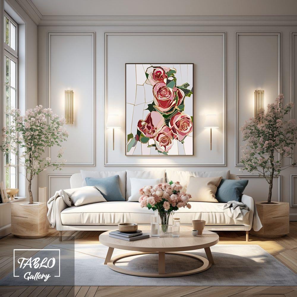 Beyaz Kırık Fon Üzerinde Pembe Güller Yağlı Boya Dokulu Tablo