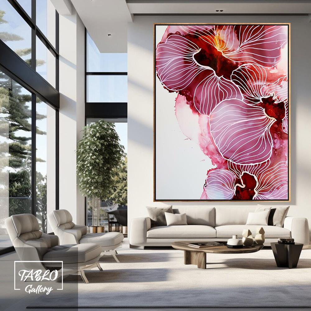 Beyaz Kontürlü Pembe Çiçekler Yağlı Boya Tablo