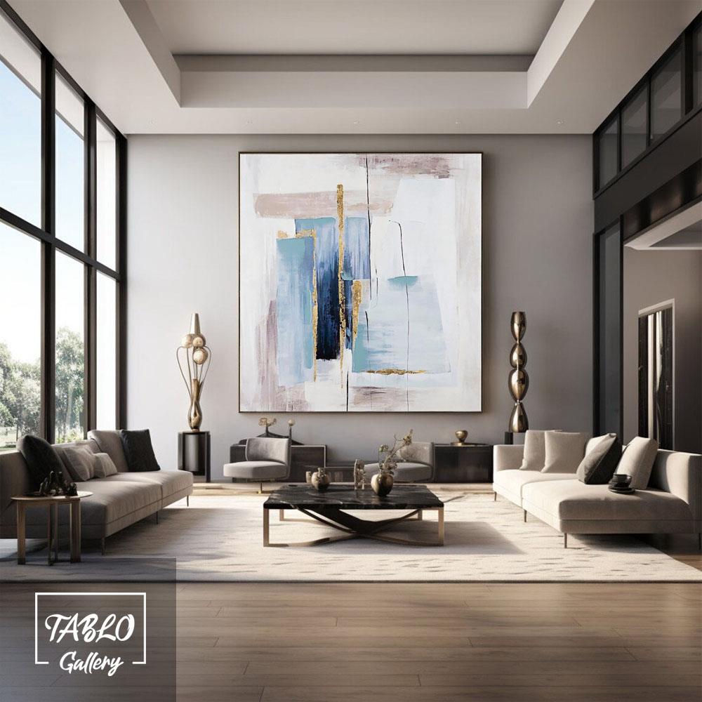 Beyaz Mavi Gold Bej Fırça Darbeleri Soyut Yağlı Boya Dokulu Tablo