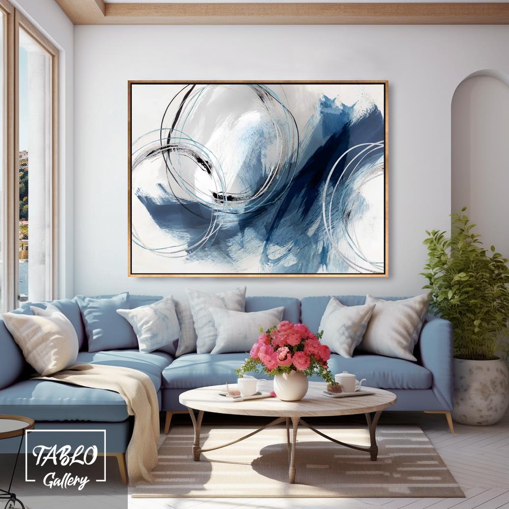 Beyaz Mavi Silver Gri Geometrik Şekiller Soyut Yağlı Boya Dokulu Tablo