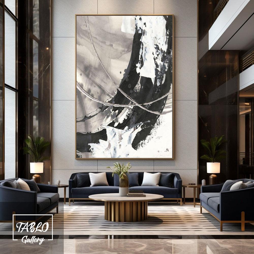 Beyaz Tuval Üzerinde Gri Siyah Silver Fırça Darbeleri Soyut Yağlı Boya Tablo