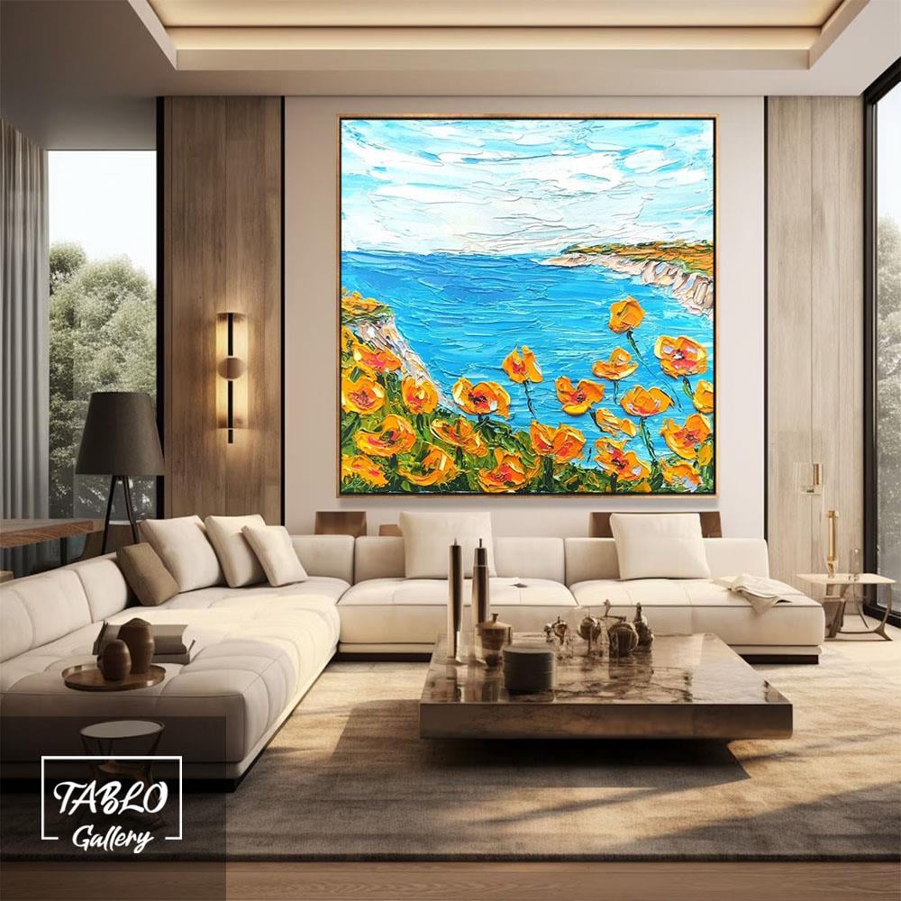 Deniz Kenarı Turuncu Çiçekler 3D Yoğun Yağlı Boya DokuluTablo