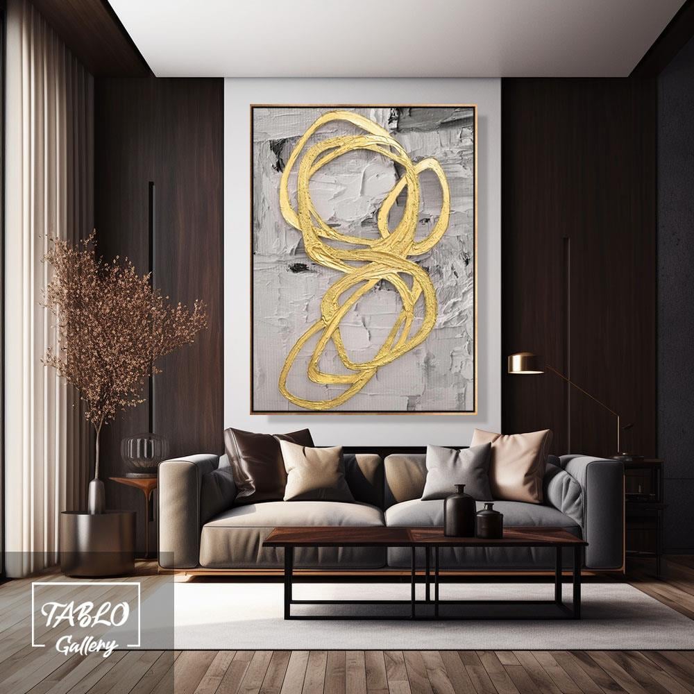 Gri Fon Üzerinde Gold Halkalar Soyut 3D Yoğun Yağlı Boya Dokulu Tablolar