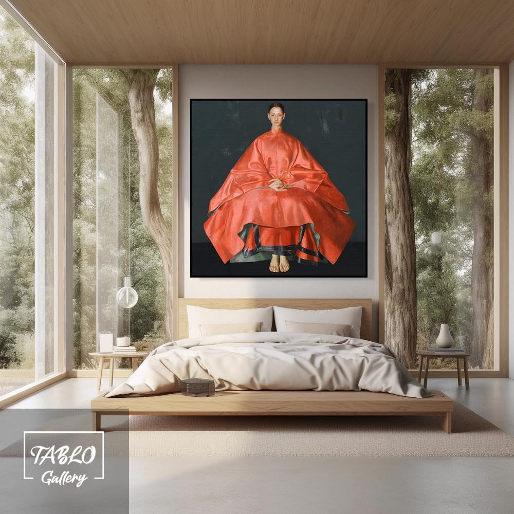Gri Fon Üzerinde Kırmızı Kimono Kadın Figür Yağlı Boya Dokulu Tablo