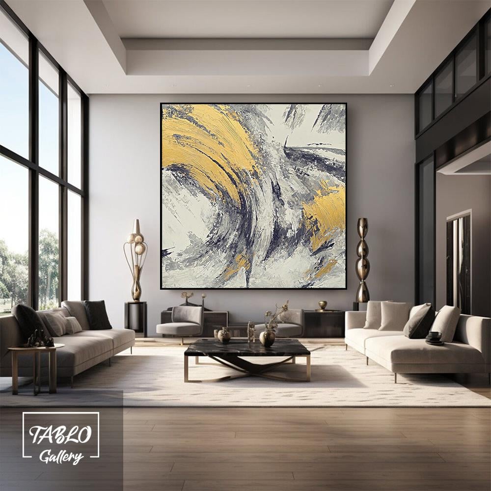 Gri Gold Bej Fırça Darbeleri Soyut Yağlı Boya Dokulu Tablo