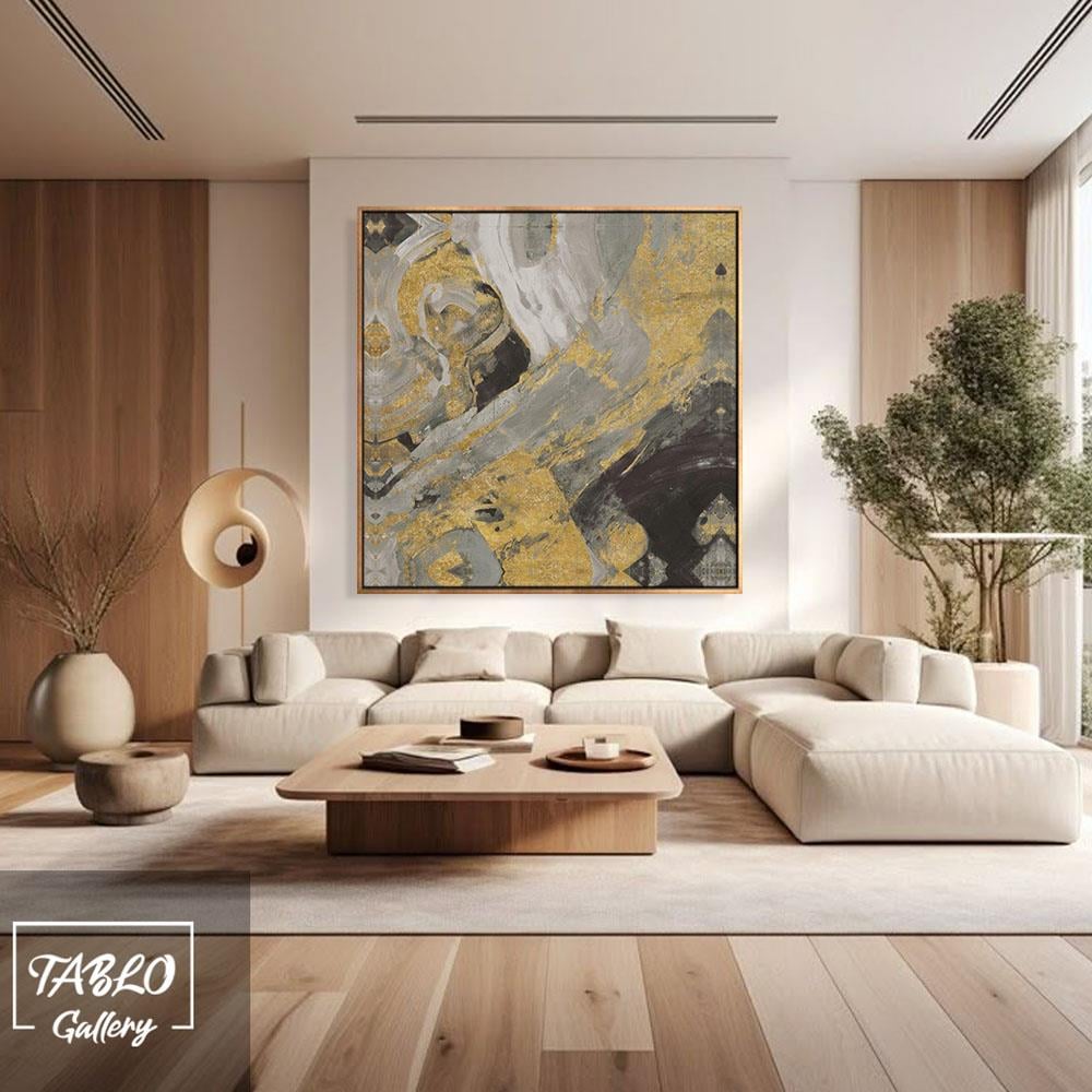 Gri Gold Geçişli Soyut Yağlı Boya Dokulu Tablo