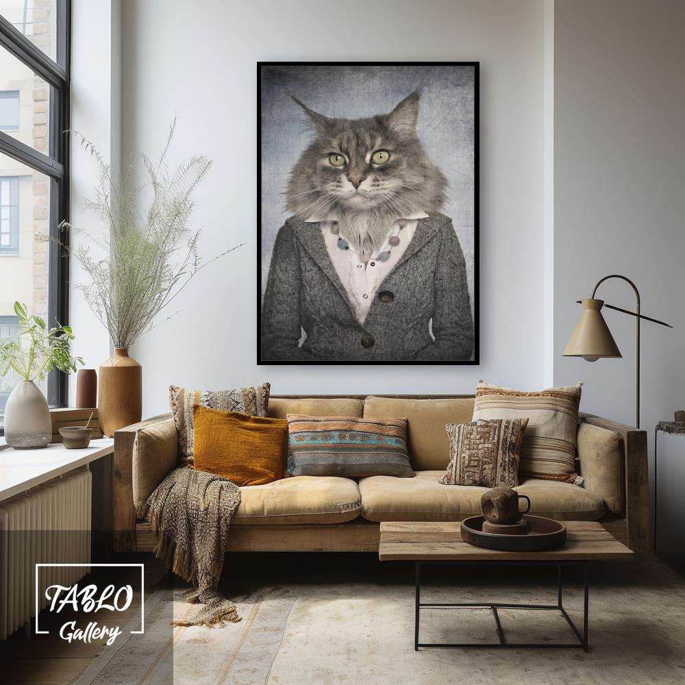 Gri Kazak Giyen Kedi Figürü Kanvas Tablo