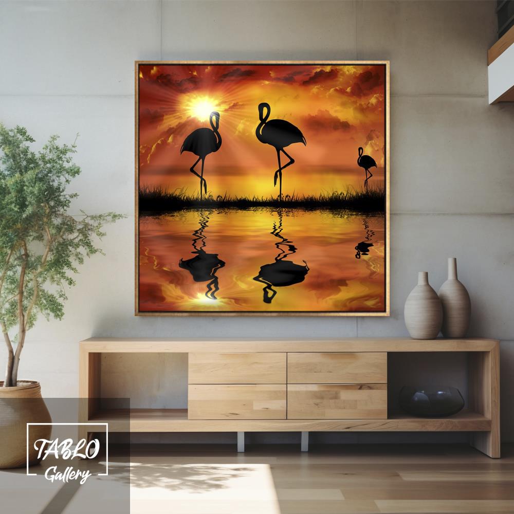 Günbatımı Göl Kenarı Flamingo Sürüsü Manzara Kanvas Tablo