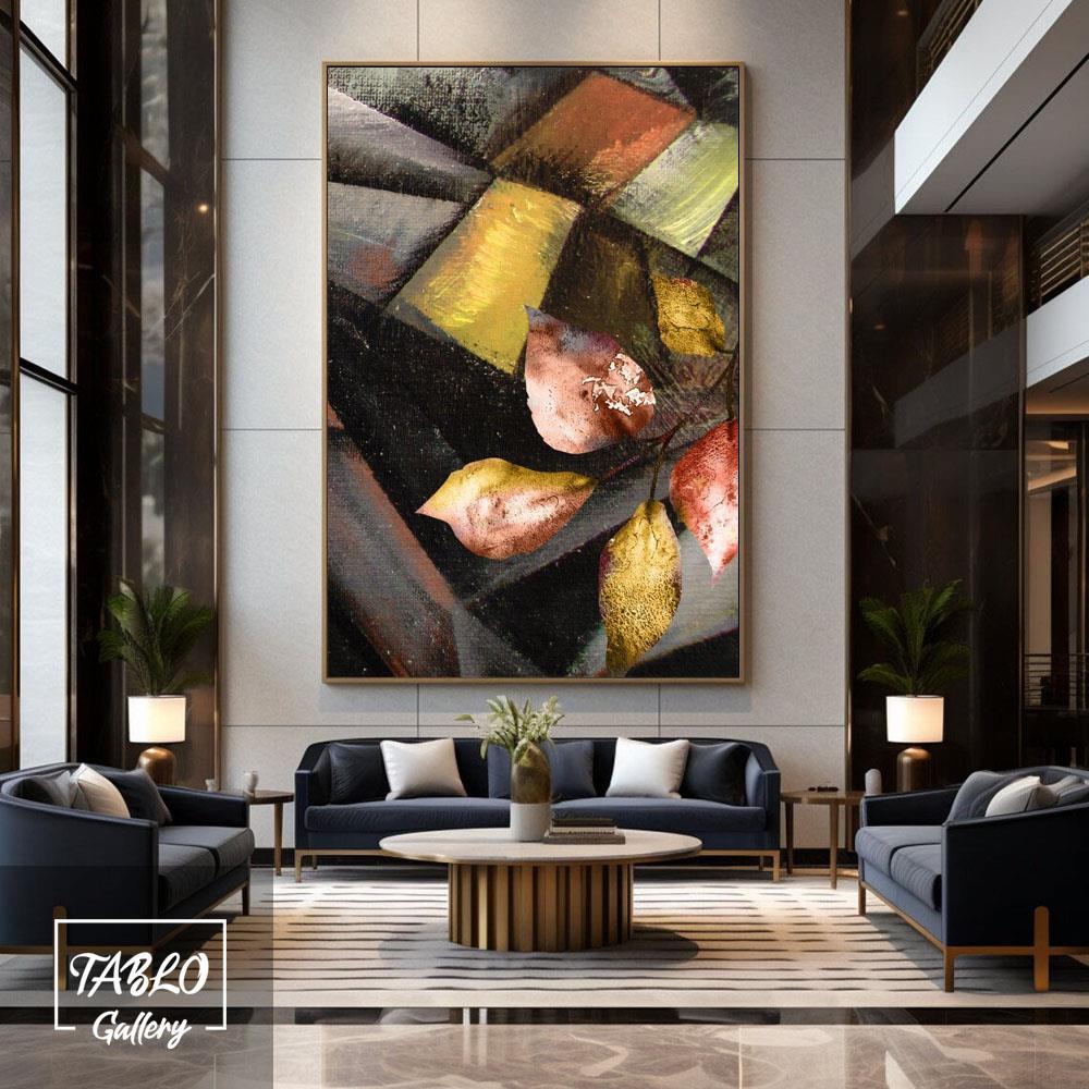 Kırmızı Sarı Tek Dal Yaprak Figürü Yağlı Boya Tablo