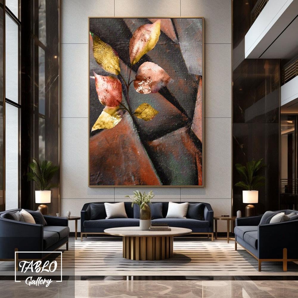 Kırmızı Sarı Yaprak Figürü Yağlı Boya Dokulu Tablo
