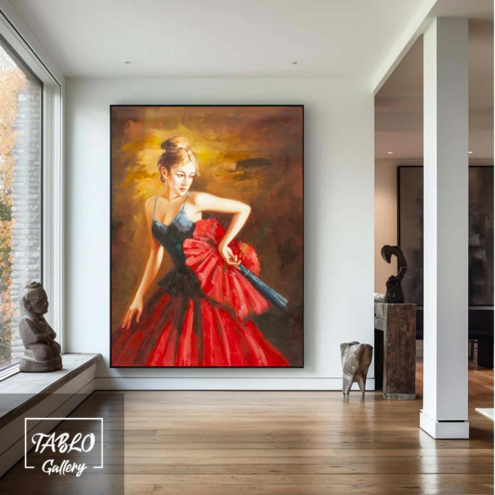 Kırmızı Siyah Elbiseli Kadın Figürü Kanvas Tablo