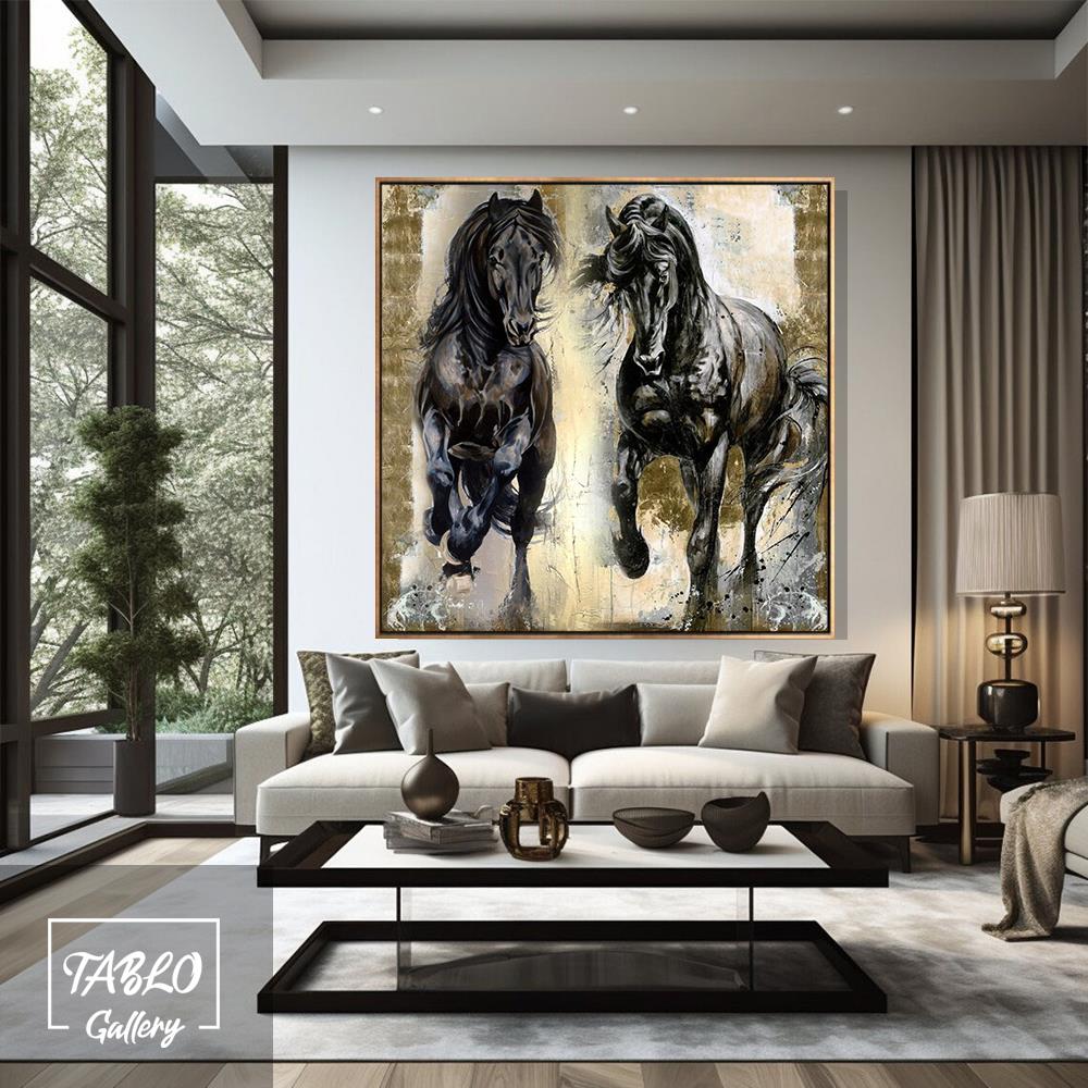 Koşan İkili At Figürü Yağlı Boya Tablo