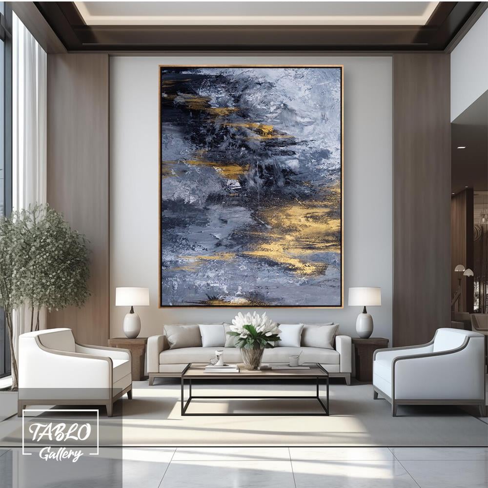 Lacivert Gold Geçişli Soyut Yağlı Boya Dokulu Tablo