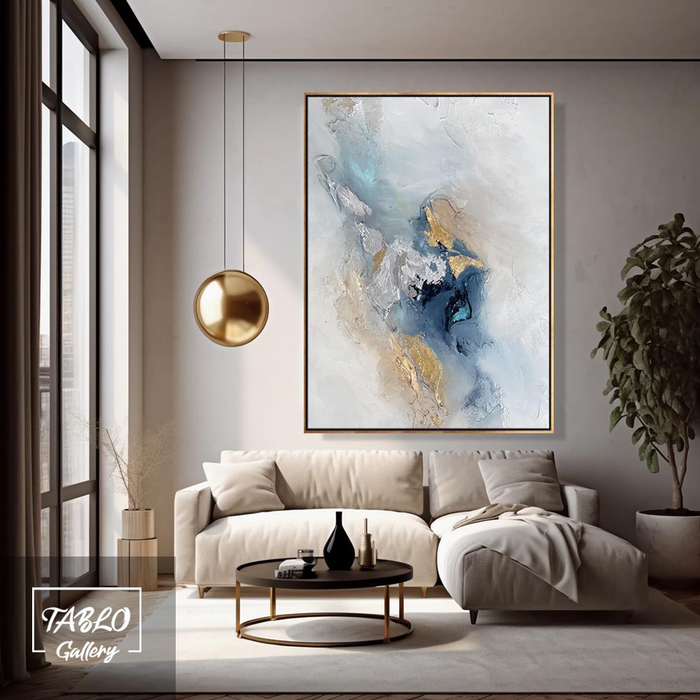 Lacivert Mavi Gold Bej Renk Geçişli Soyut 3D Yoğun Yağlı Boya Dokulu Tablolar