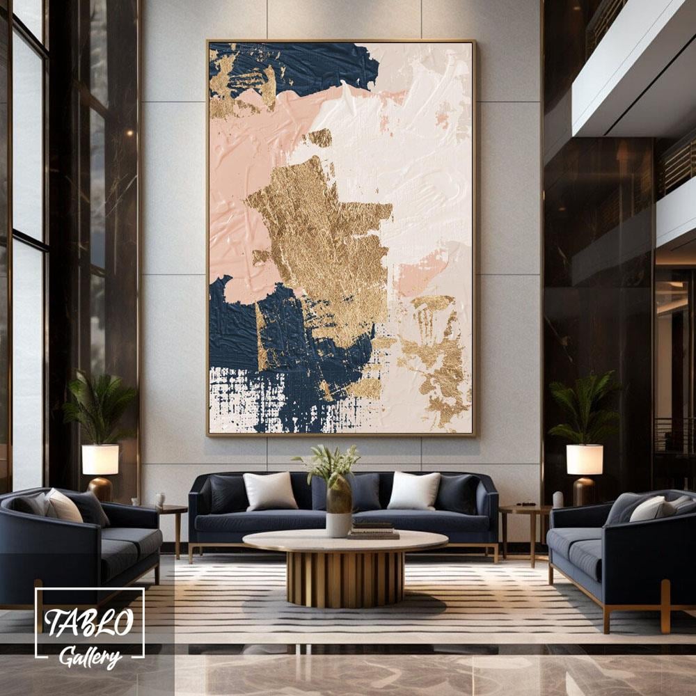 Lacivert Pembe Bej Gold Soyut Yağlı Boya Tablo