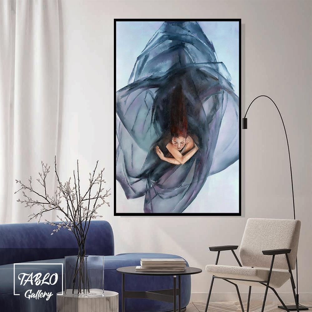 Mavi Elbiseli Kadın Figürü Yağlı Boya Dokulu Tablo
