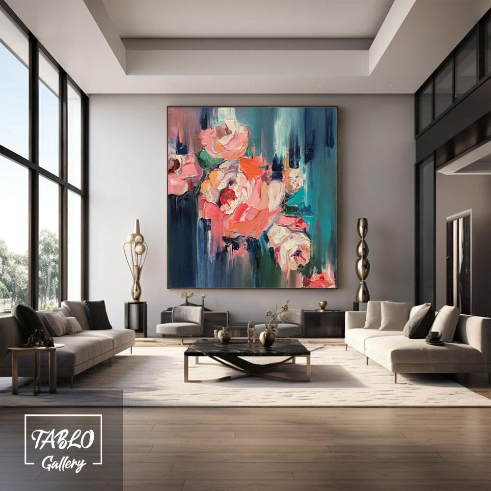 Mavi Fon Üzerinde Pembe Çiçekler Yağlı Boya Dokulu Tablo