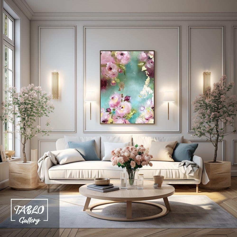 Mavi Fon Üzerinde Pembe Çiçekler Yağlı Boya Dokulu Tablo