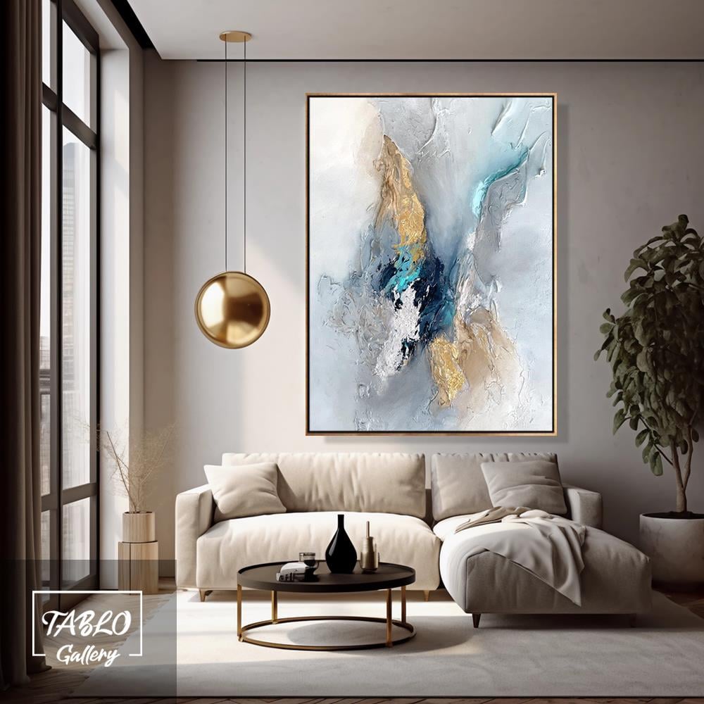 Mavi Gold Bej Renk Geçişli Soyut 3D Yoğun Yağlı Boya Dokulu Tablolar
