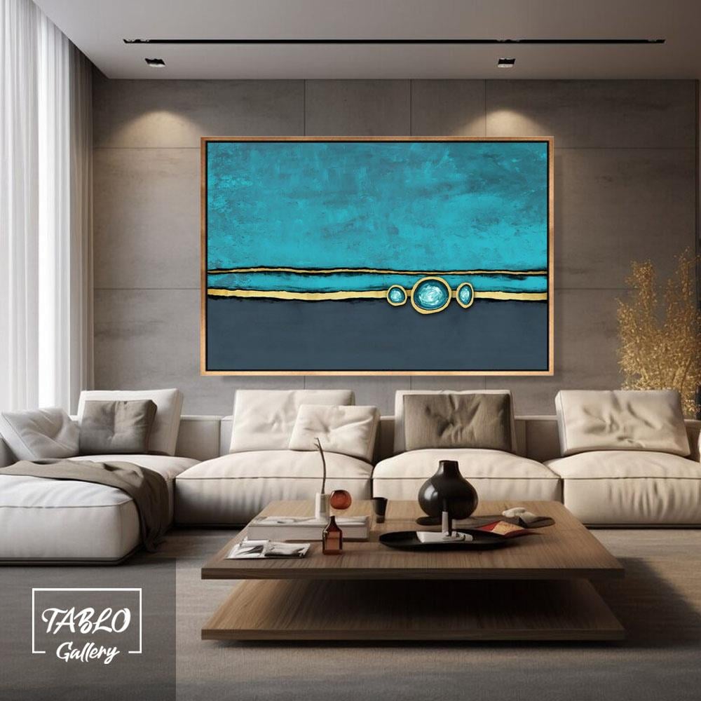 Mavi Gold Kolye Tasviri Soyut Yağlı Boya Dokulu Tablo