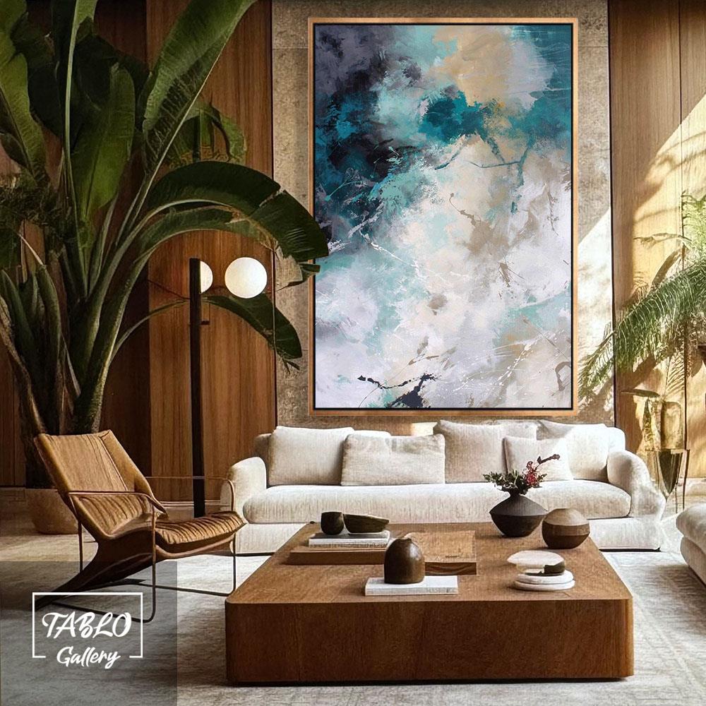 Mavi Renk Geçişli Sis Bulutu Efektli Soyut Yağlı Boya Tablo