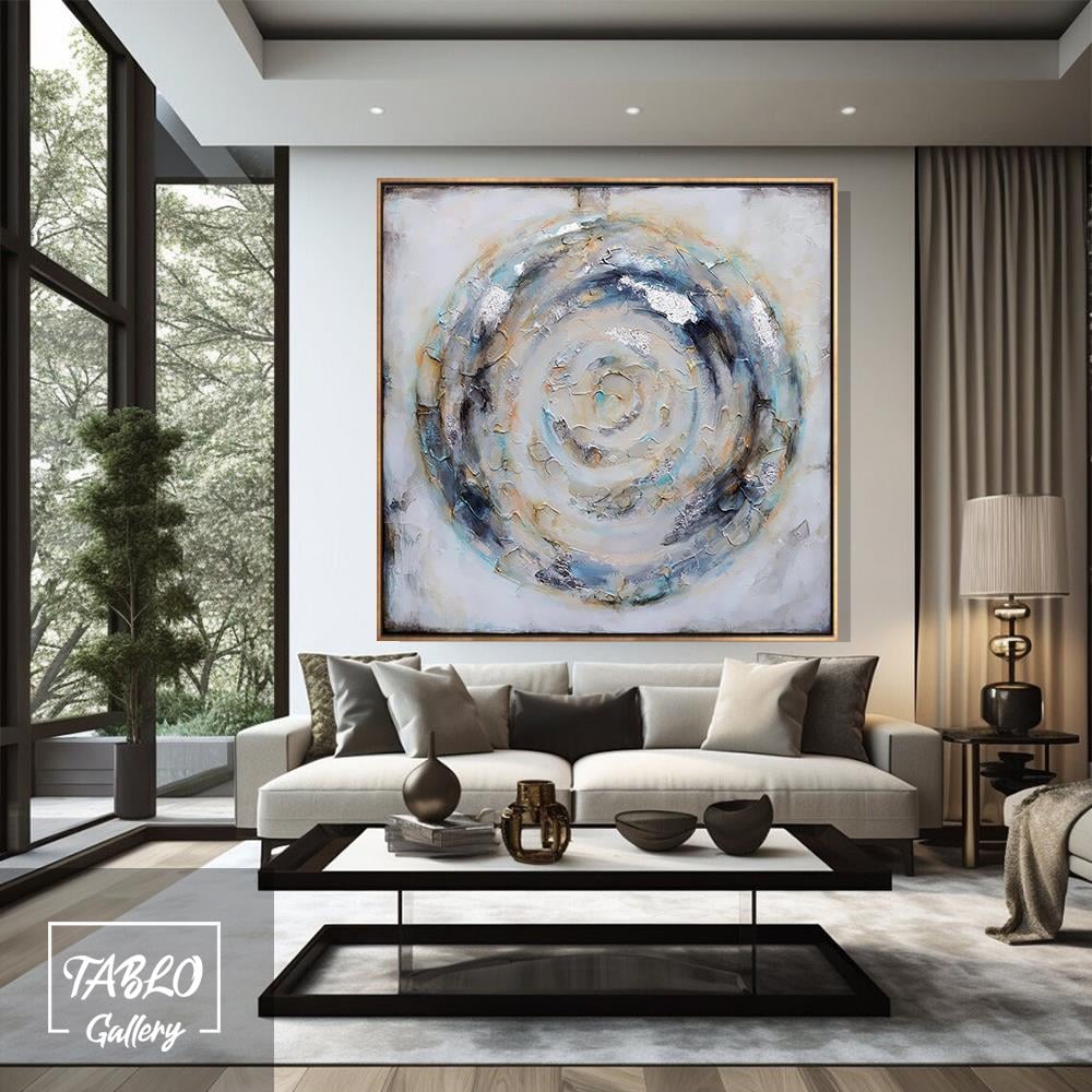 Mavi Turuncu Geçişli Daire Soyut Yağlı Boya Dokulu Tablo