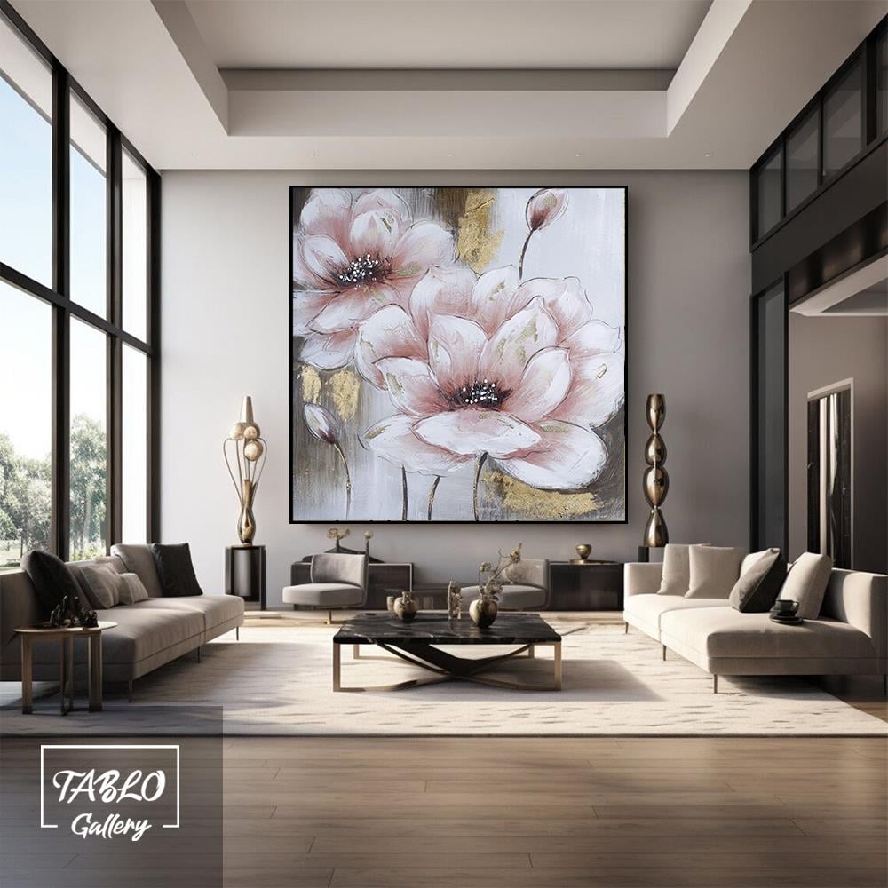 Pembe Gold Çiçekler Yağlı Boya Dokulu Tablo