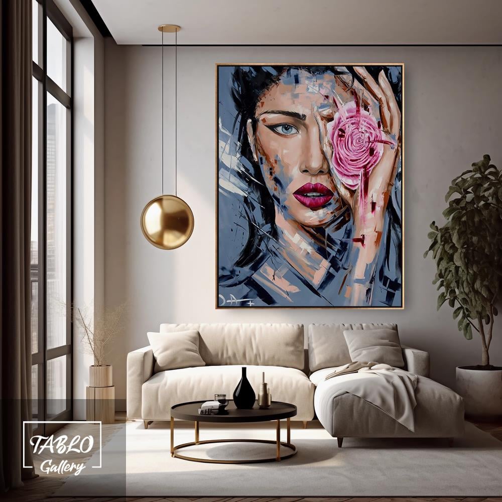 Pembe Gül Kadın Figür Yağlı Boya Tablo