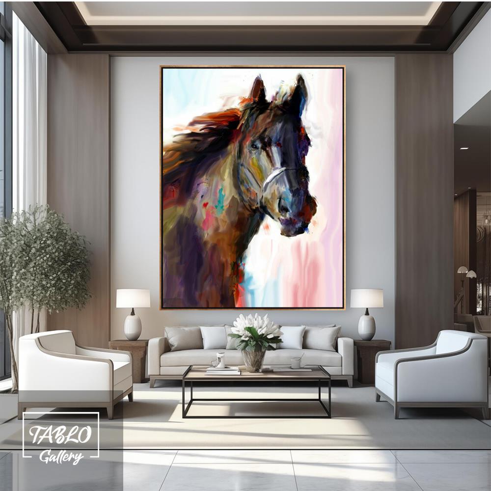 Pembe Mavi Geçişli At Figürü Yağlı Boya Tablo