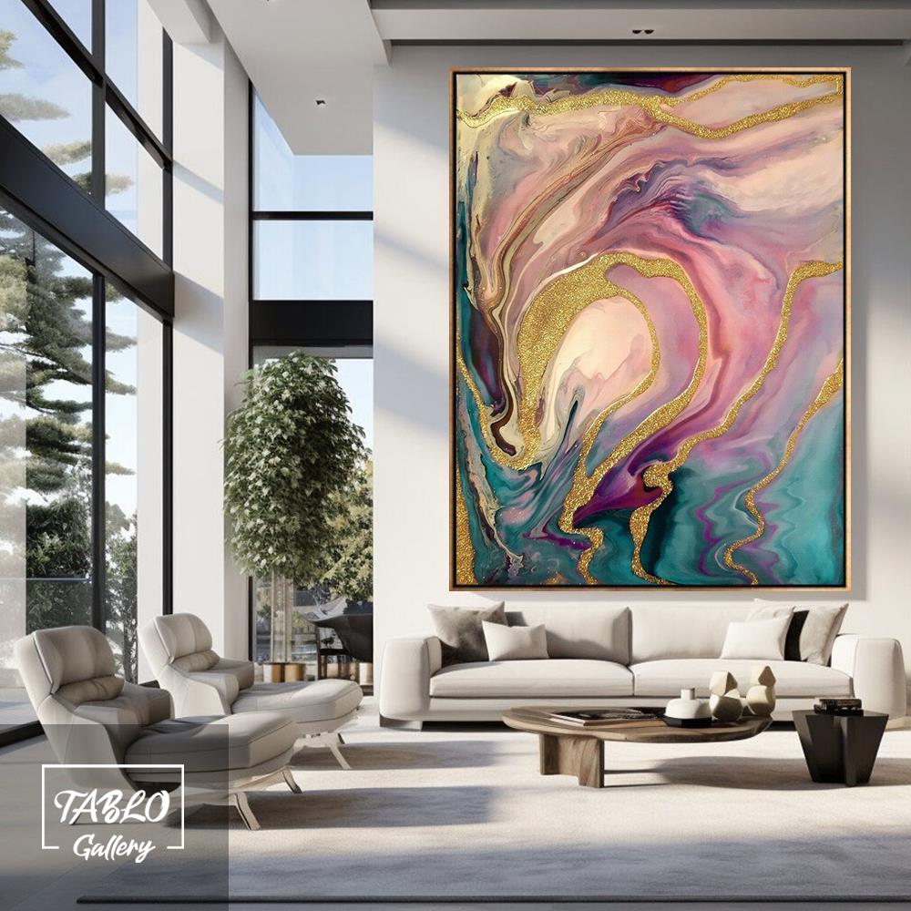 Pembe Mavi Gold Geçişli Yağlı Boya Tablo