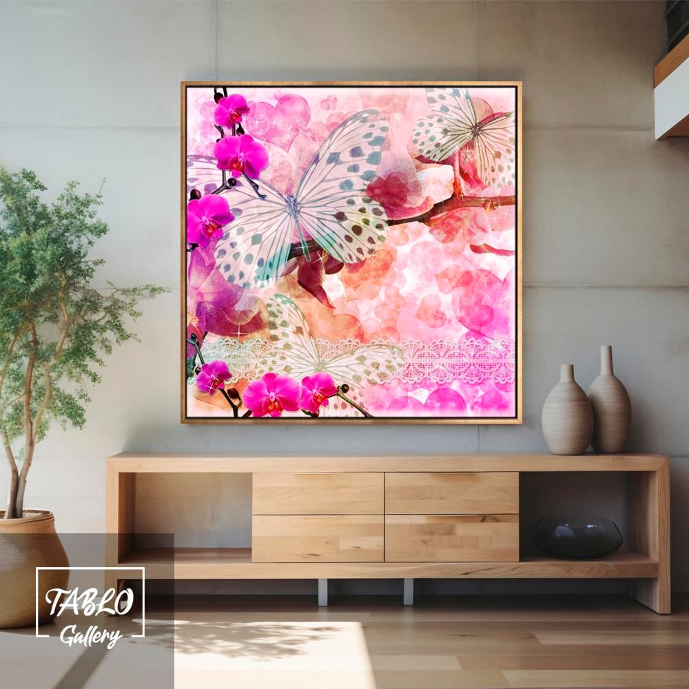Pembe Puantiyeli Kelebek Figürleri Kanvas Tablo