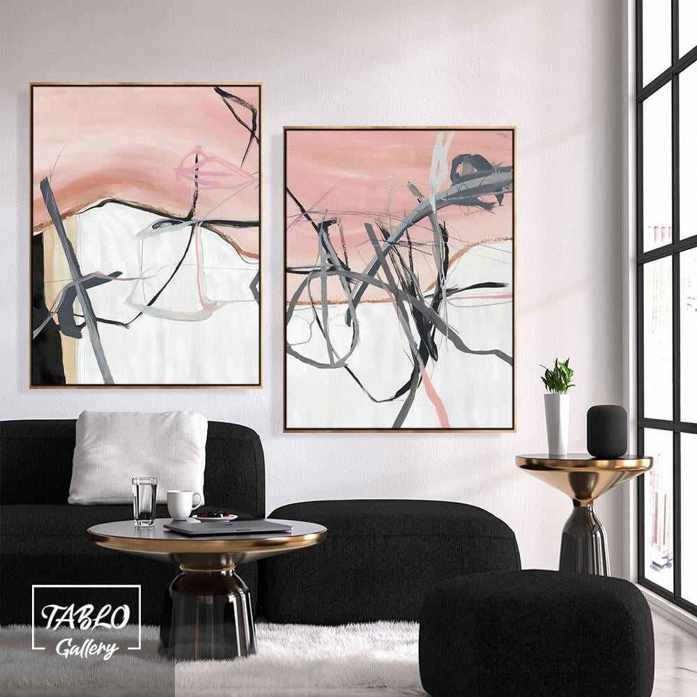 Pembe Siyah Beyaz Gri Fırça Darbeleri 2'li Set Soyut Yağlı Boya Dokulu Tablo
