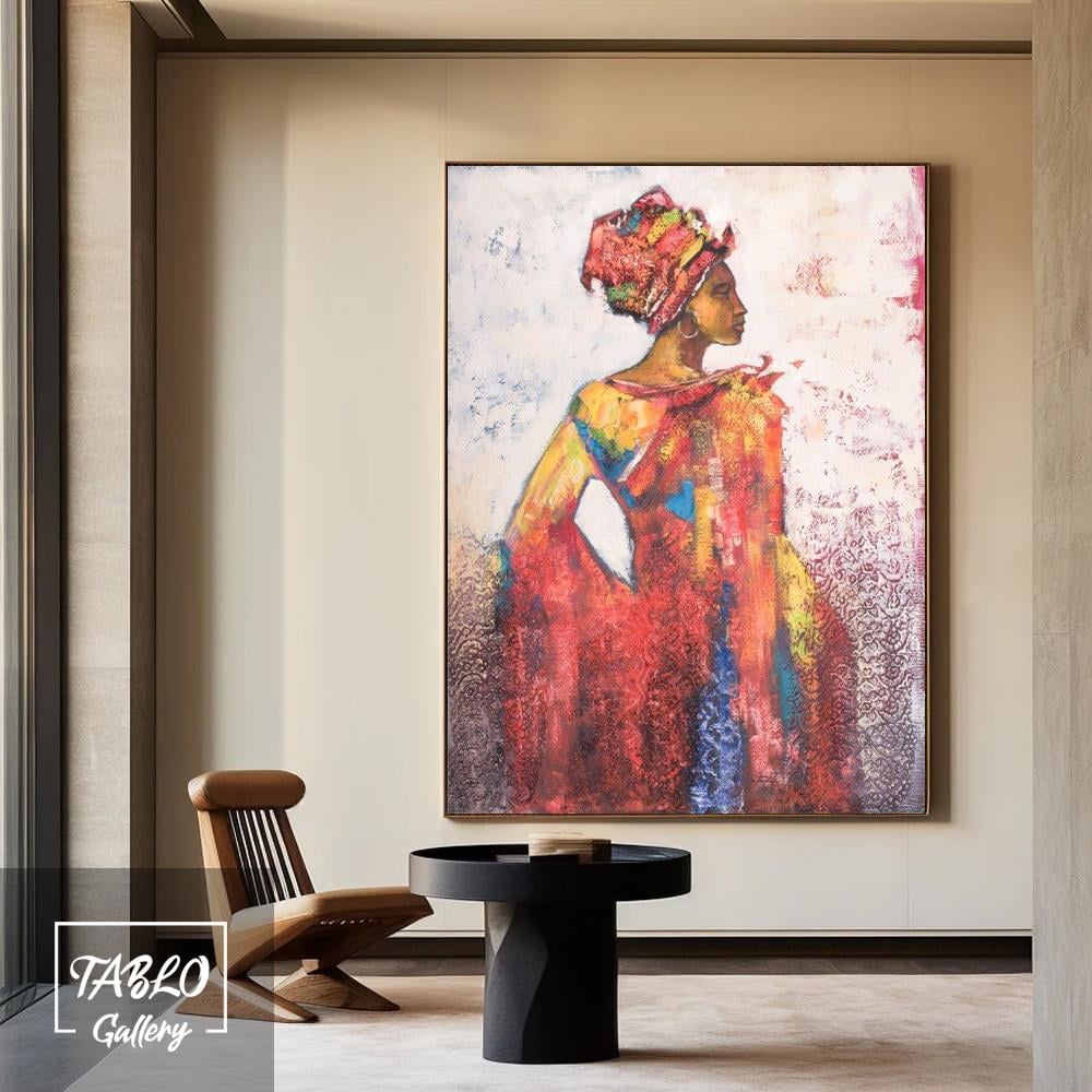 Renkli Elbiseli Arka Profil Kadın Figürü Kanvas Tablo