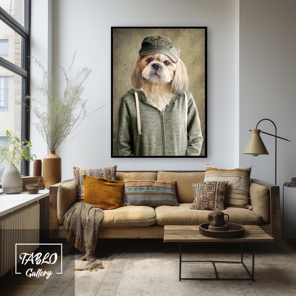 Şapka Takan Köpek Figürü Kanvas Tablo