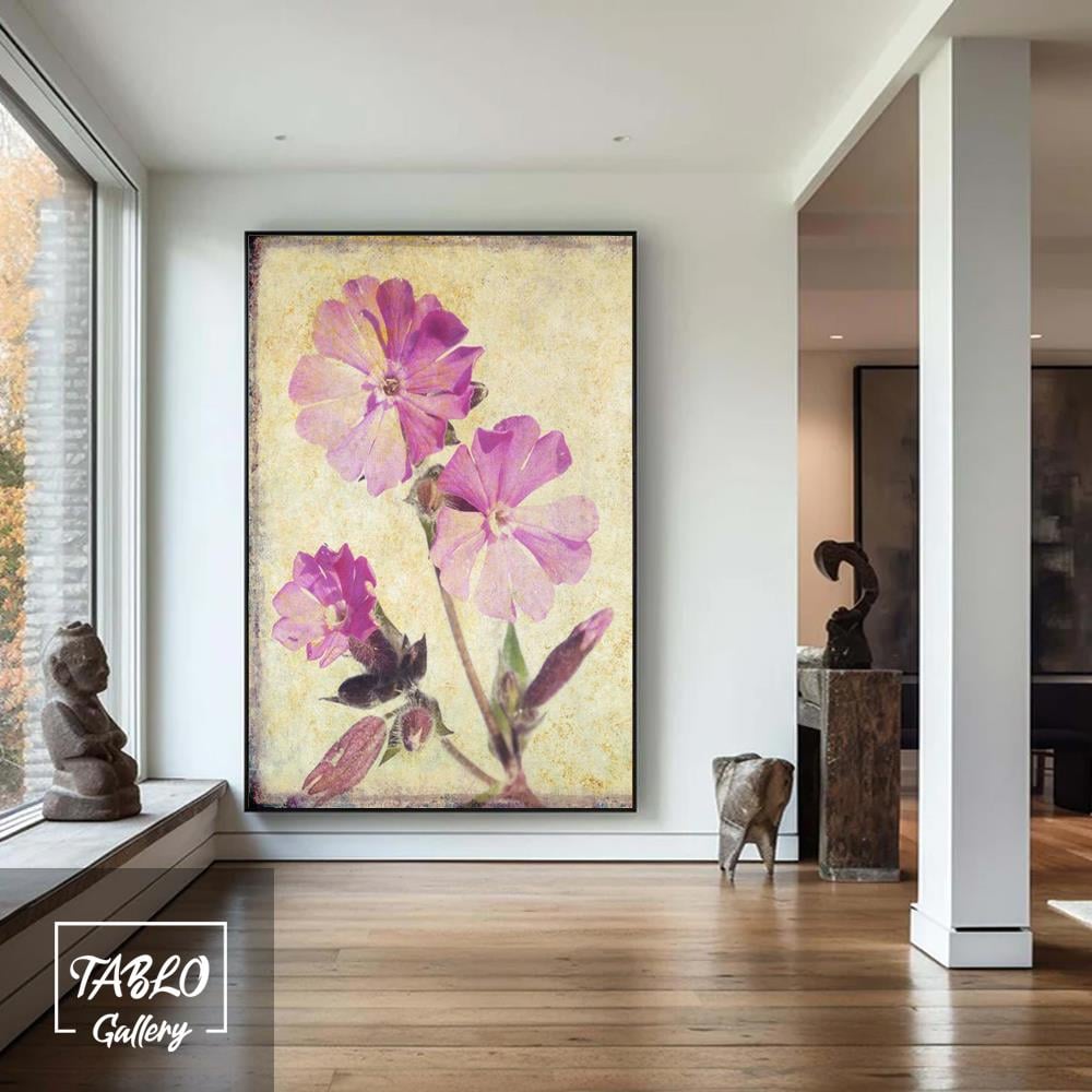 Sarı Fon Üzerinde Pembe Çiçekler Kanvas Tablo