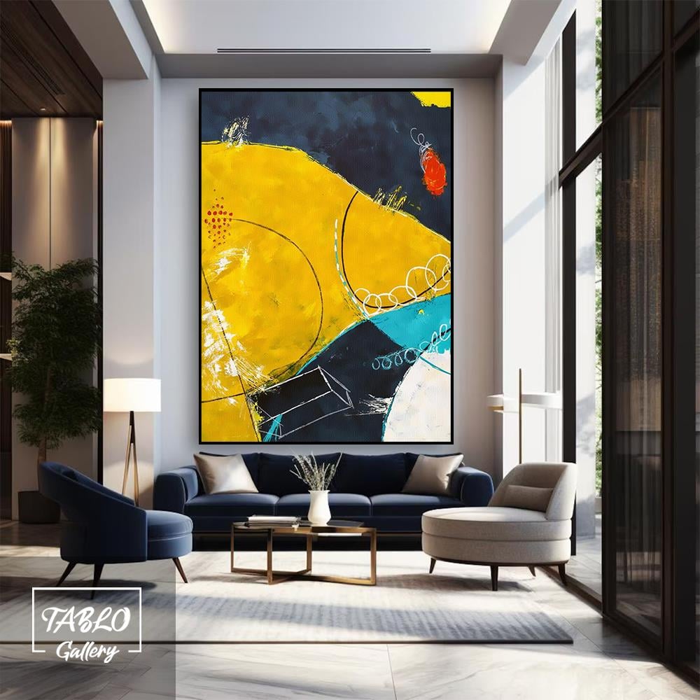 Sarı Lacivert Geometrik Şekiller Soyut Yağlı Boya Tablo
