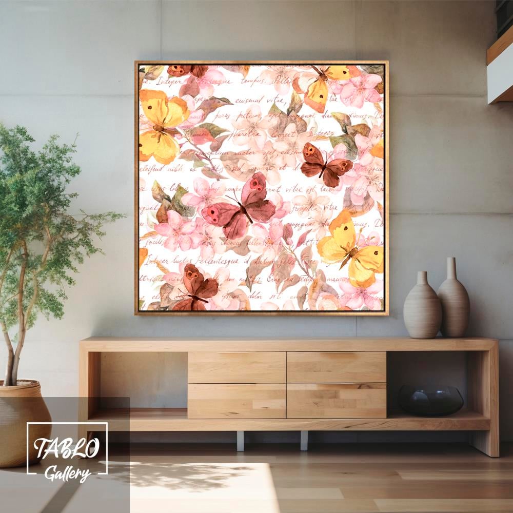 Sarı Pembe Kelebek Figürleri Kanvas Tablo
