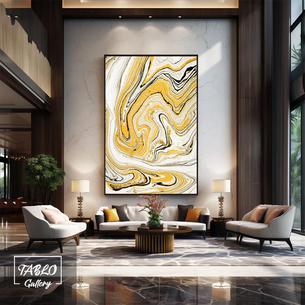 Sarı Siyah Beyaz İç İçe Geçmiş Dalgalar Soyut Yağlı Boya Dokulu Tablo