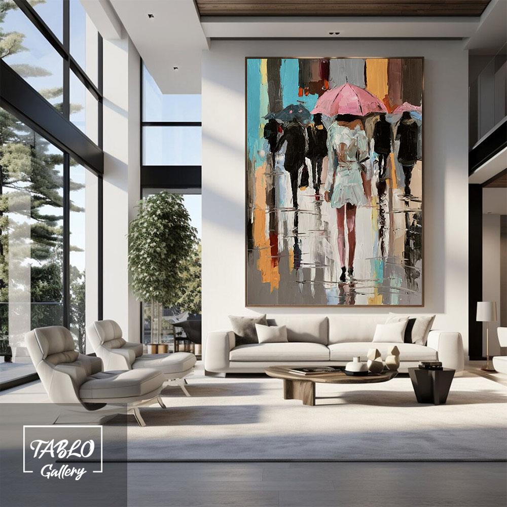 Şehir Cadde Şemsiyeli İnsan Figürleri 3D Yoğun Yağlı Boya Dokulu Tablolar