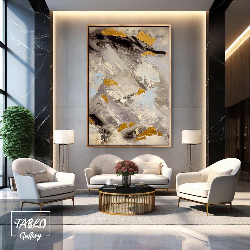Siyah Bej Gold Geçişli Soyut Yağlı Boya Dokulu Tablo