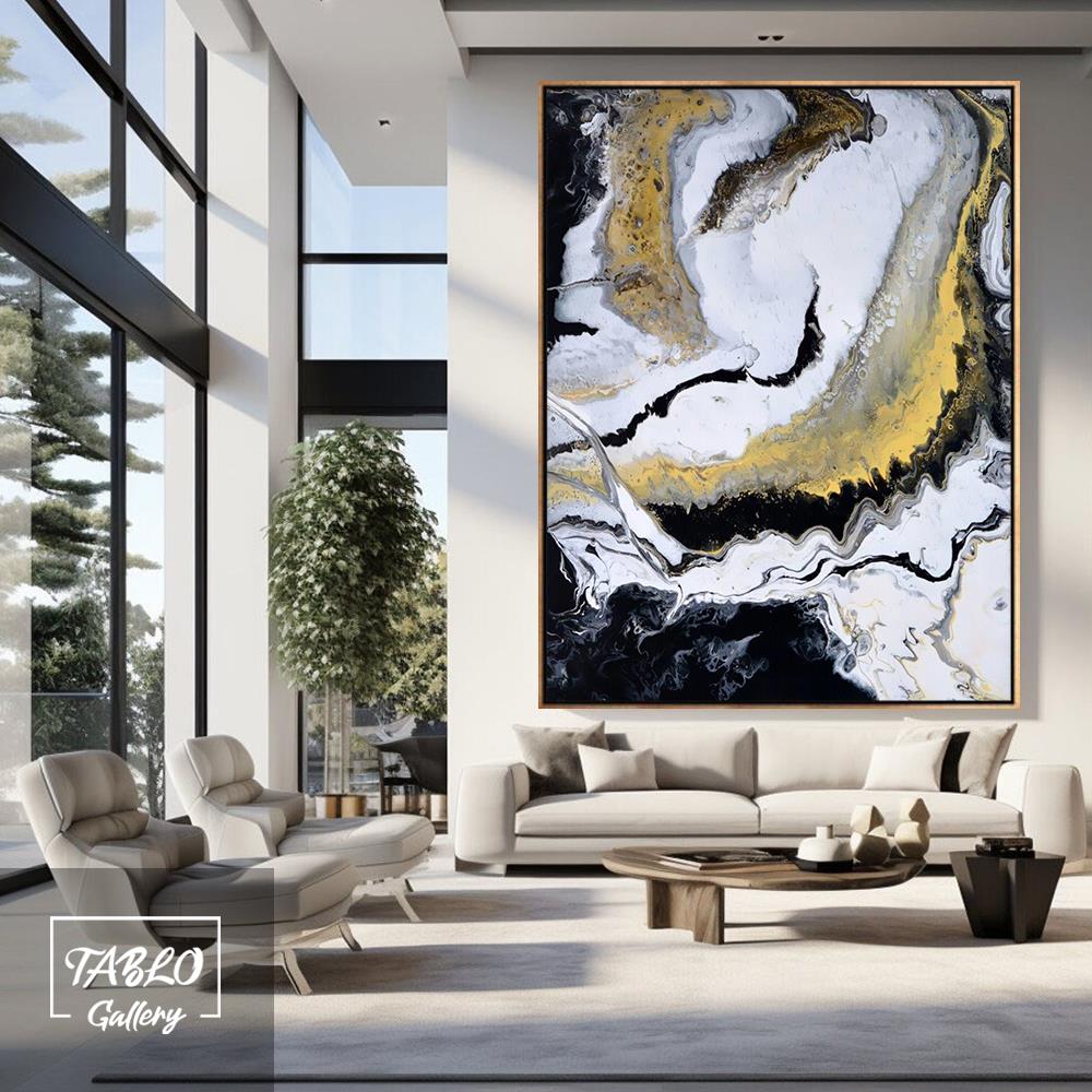 Siyah Beyaz Gold Geçişli Soyut Yağlı Boya Tablo