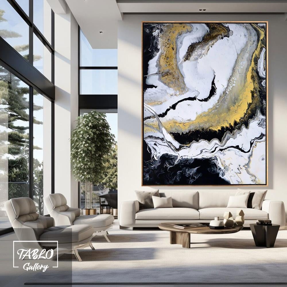 Siyah Beyaz Gold Geçişli Yağlı Boya Dokulu Tablo