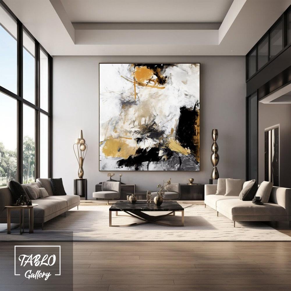 Siyah Beyaz Gold Gri Soyut Yağlı Boya Tablo