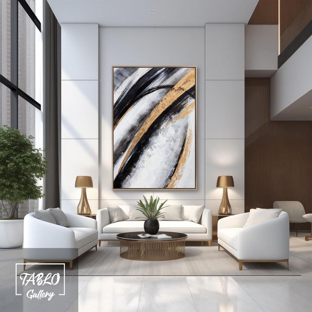 Siyah Beyaz ve Gold Geçişli Fırça Darbeleri Soyut Yağlı Boya Tablo