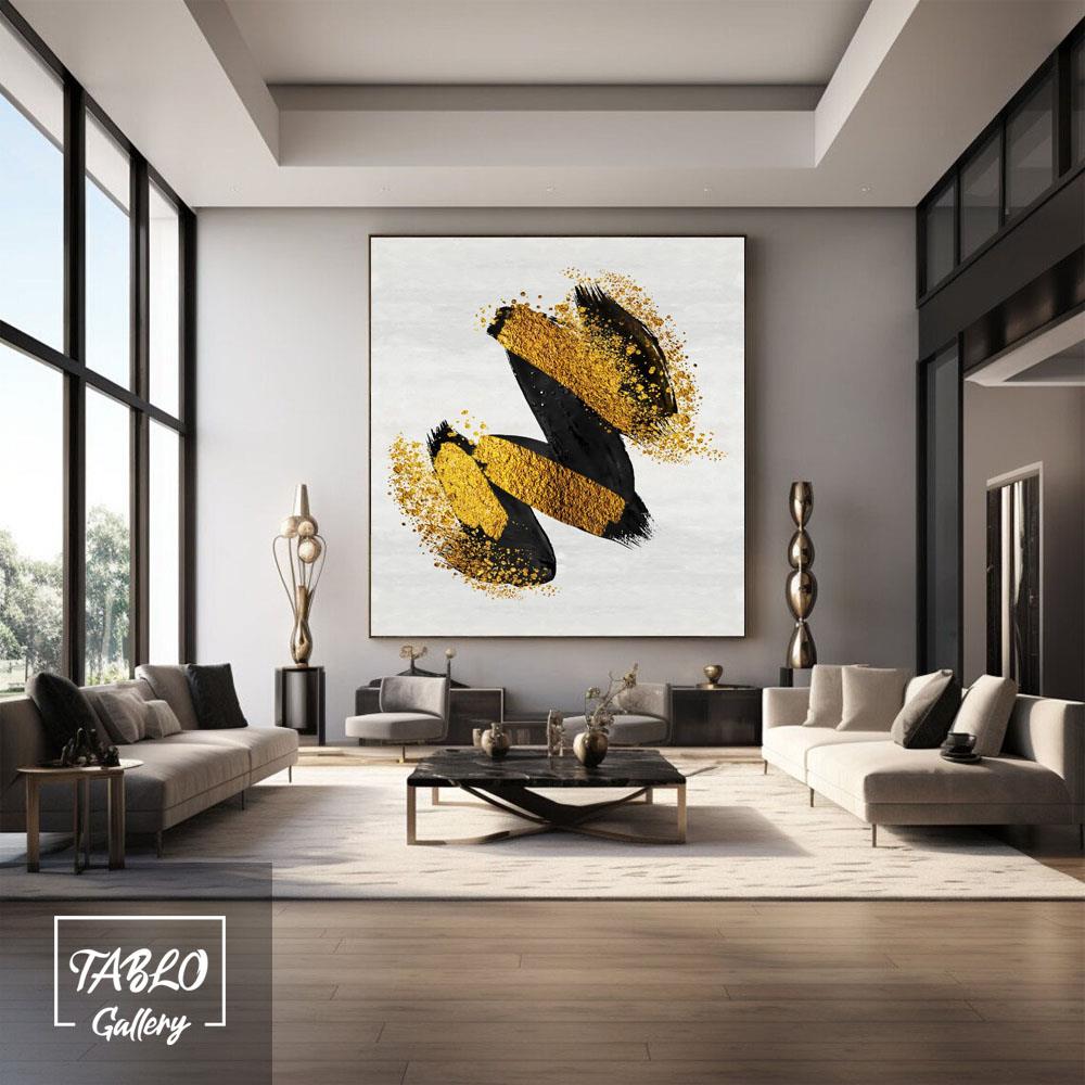 Siyah Gold Fırça Darbeleri Soyut Yağlı Boya Dokulu Tablo